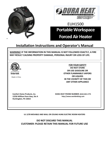 DuraHeat EUH1500 1,500-Watt 120-Volt Electric Forced Air Heater Installation instructions | Manualzz