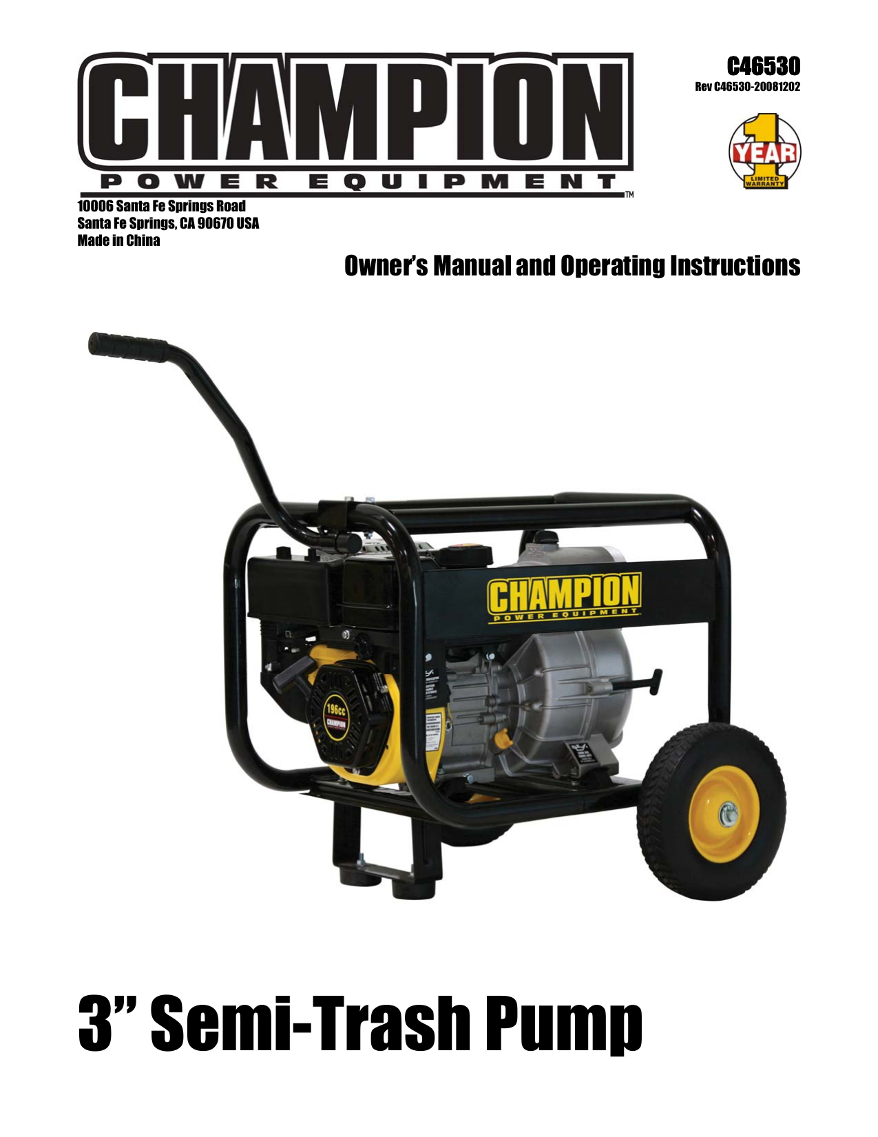 Champion power equipment 46530 Owner's Manual And Operating