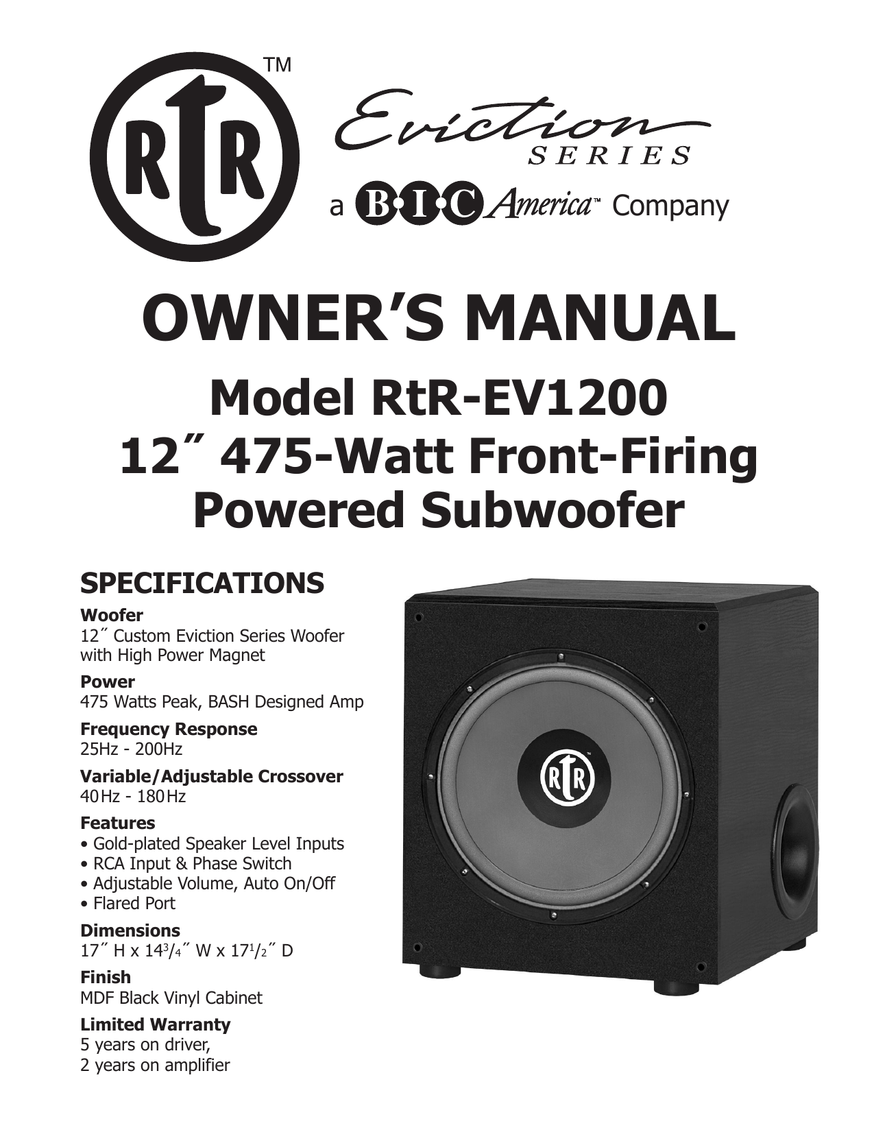 Bic Rtr Ev10 Subwoofer User Guide Manualzz