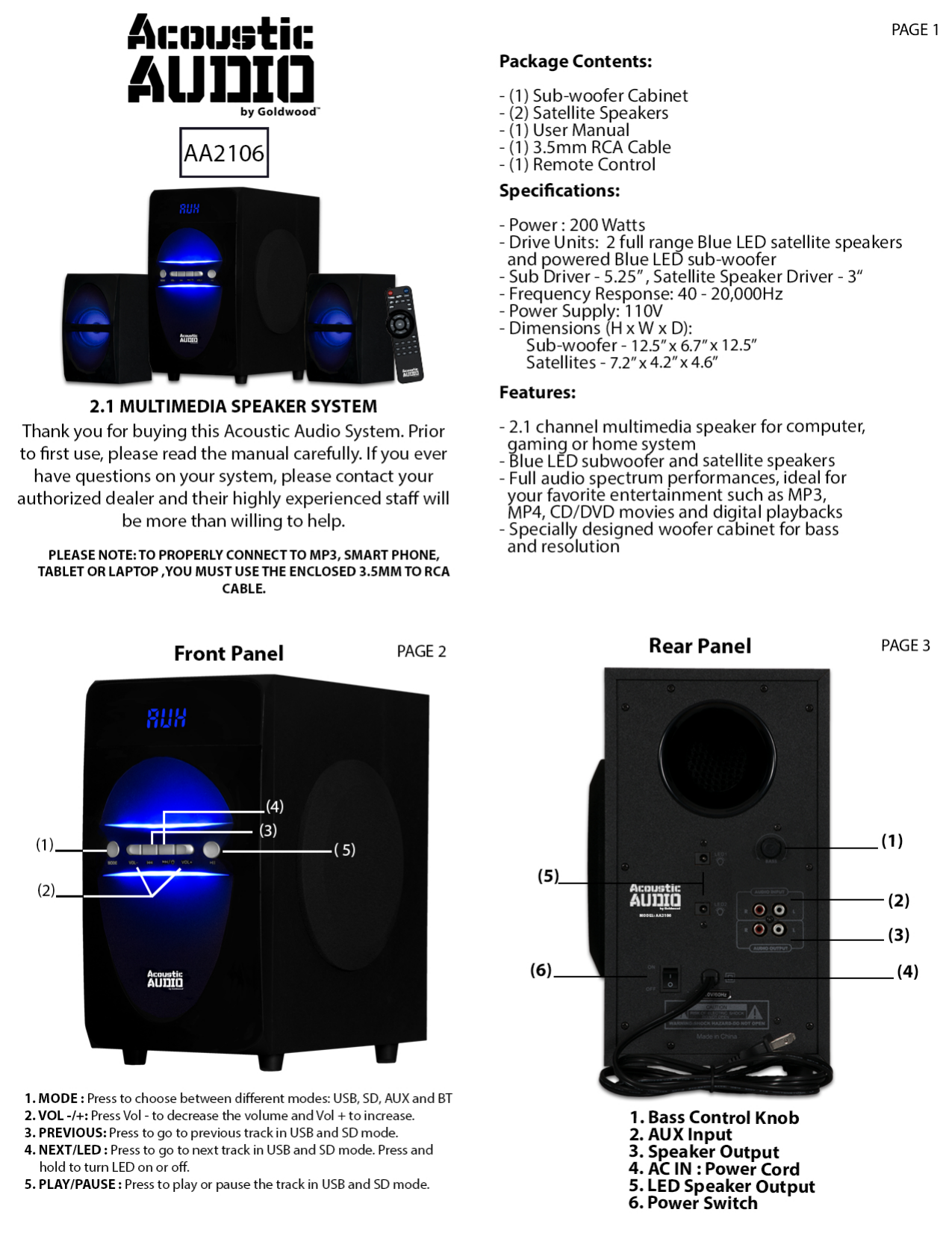 Acoustic Audio by Goldwood AA2106 Home Theater System User Manual Acoustic Audio by Goldwood AA2106 Home Theater System User Manual