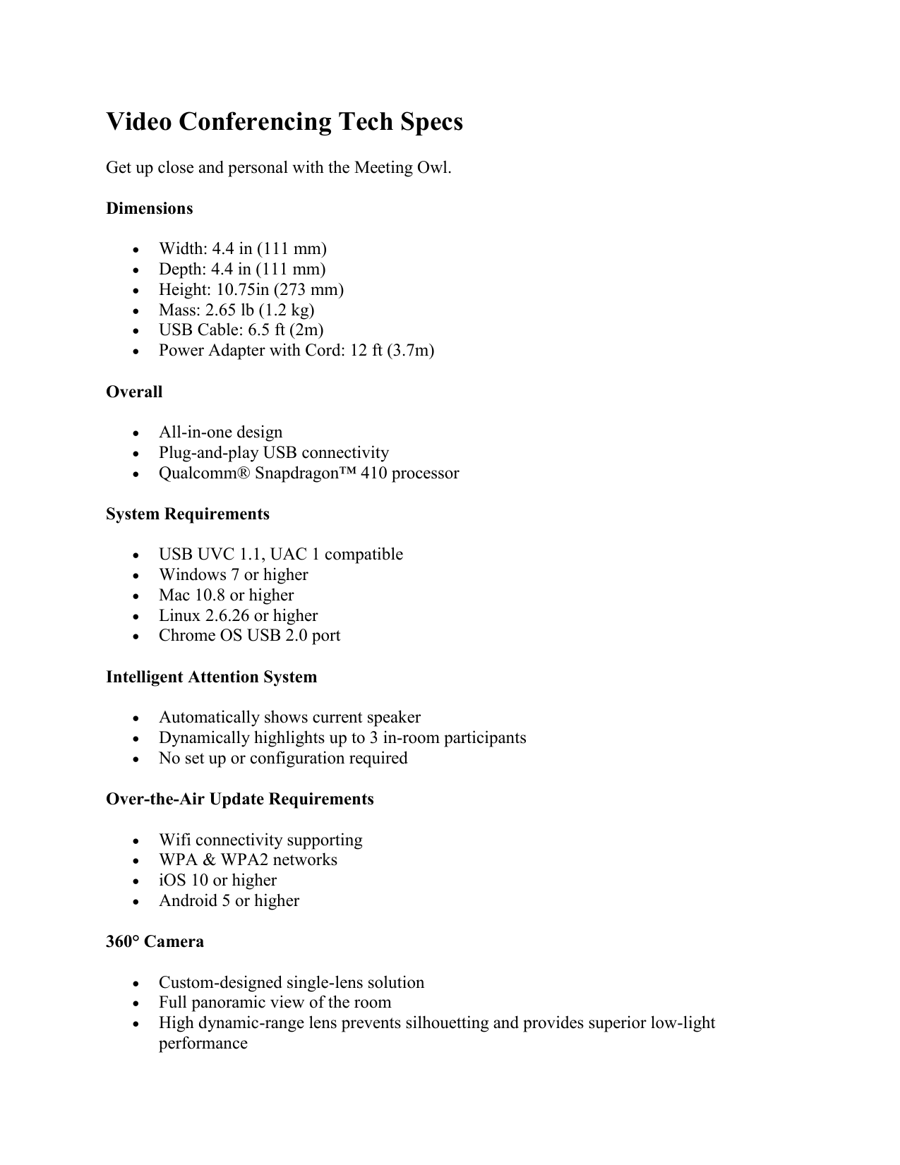 Owl Labs Mtw100 Webcam Specification Sheet Manualzz