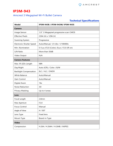 Amcrest 4332025818 Bullet Camera Specification Sheet | Manualzz