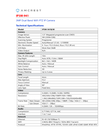 Amcrest IP3M-941B Dome Camera Specification Sheet | Manualzz