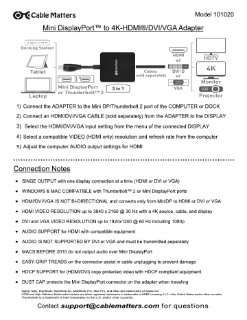 Cable Matters 101020-BLACK DVI-HDMI Adapter User Manual | Manualzz