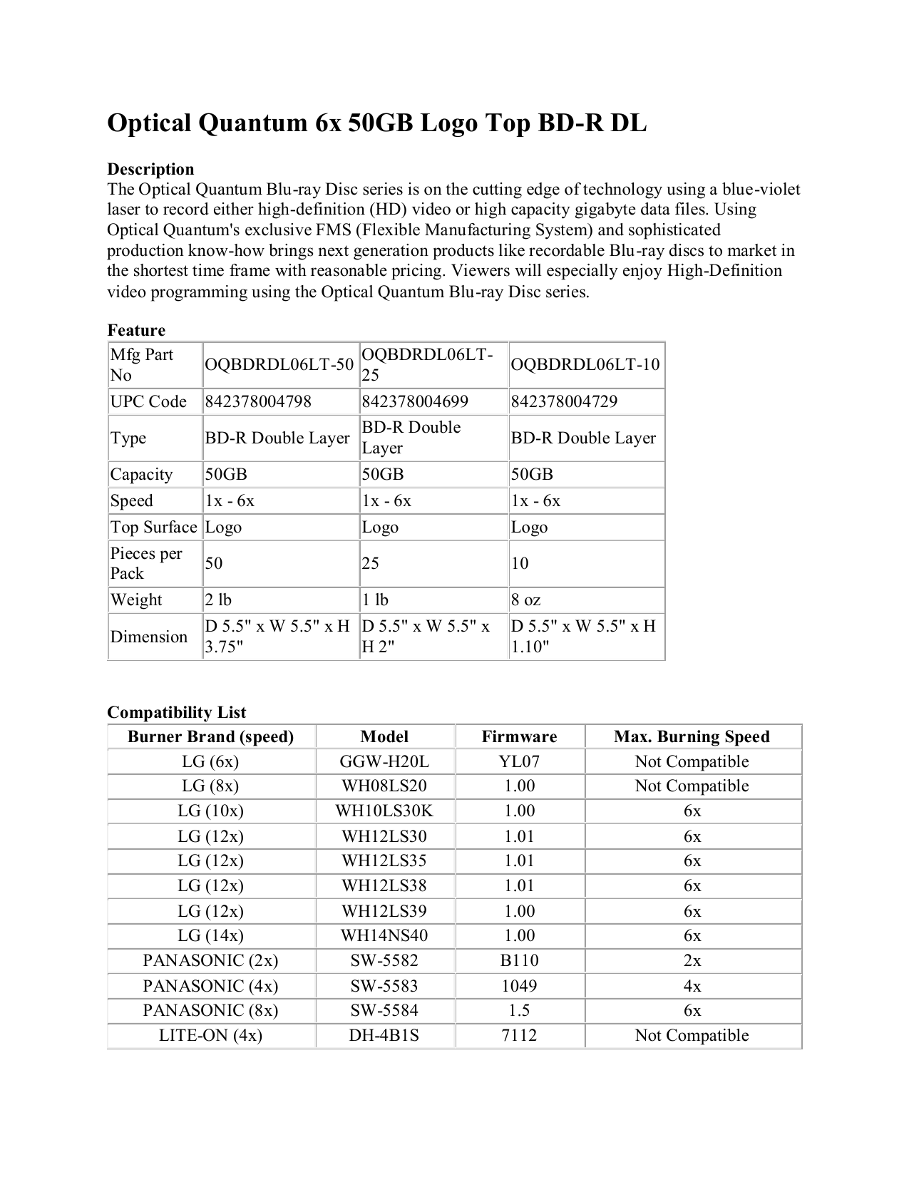 Optical Quantum Oqbdrdl06lt 50 Specification Manualzz