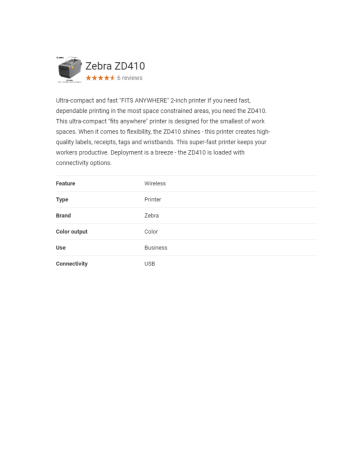ZEBRA ZD41022-D01E00EZ Label Printer Specification Sheet | Manualzz