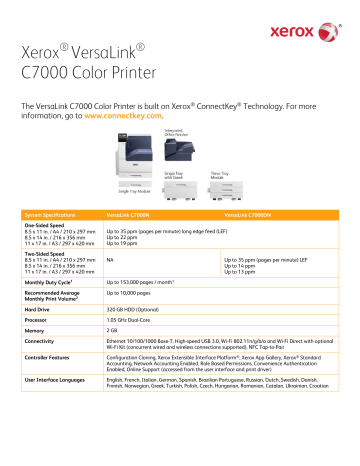 Xerox C7000/DN Laser Printer Specification Sheet | Manualzz