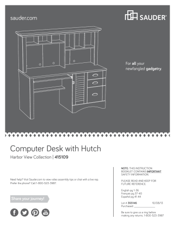 Sauder 415109 Computer Armoires &amp; Hutch User Manual | Manualzz