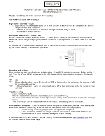 Moonrays 95432 Low-Voltage Transformer User Manual | Manualzz