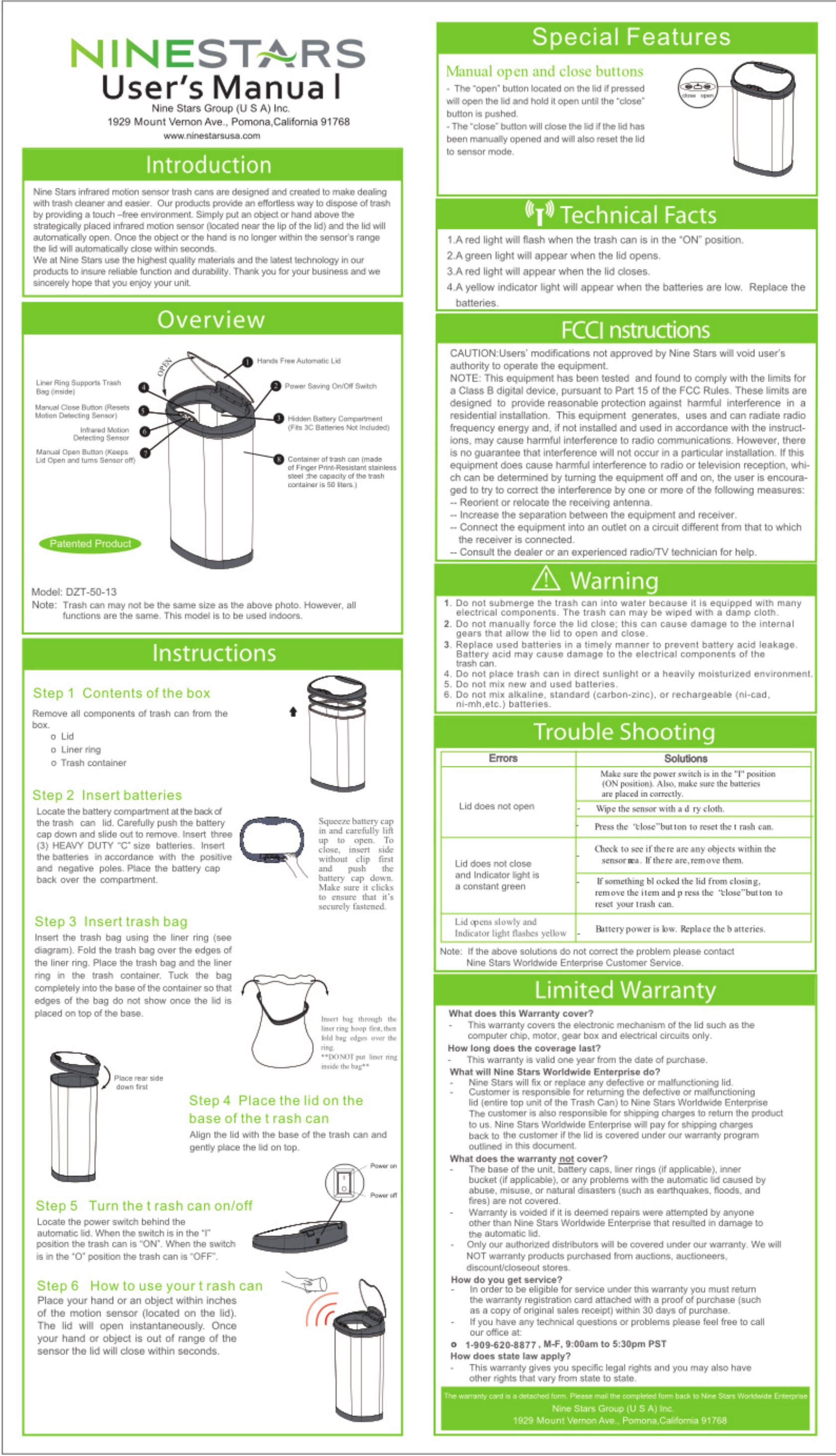 Ninestars CB-DZT-50-13 Kitchen Trash Can User Manual | Manualzz