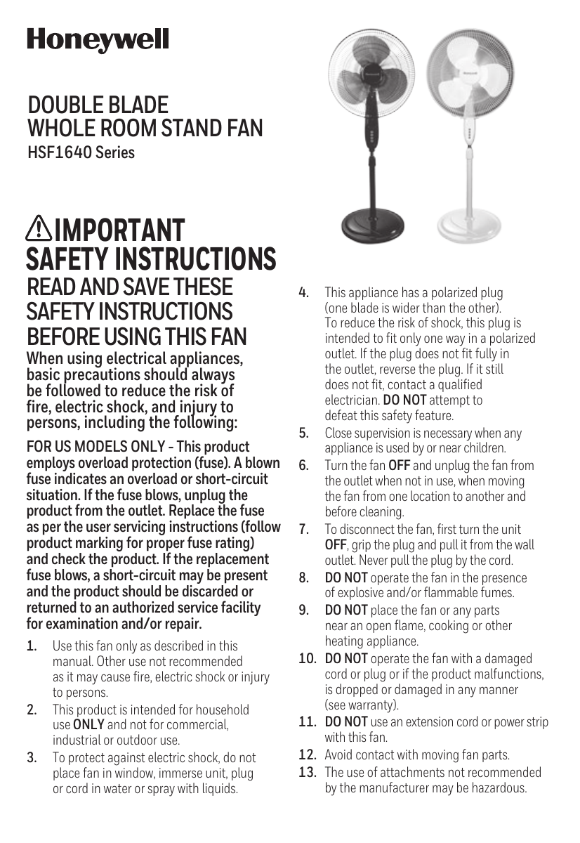 Honeywell HSF1640B User Guide | Manualzz