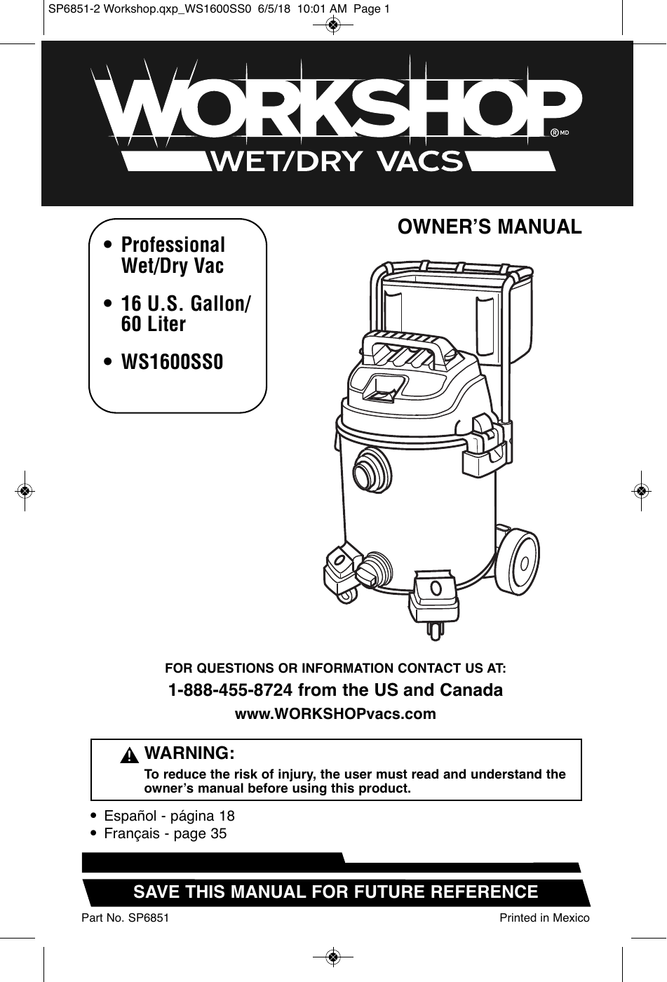Wet/Dry Vacs WS1600SS WetDry Vacuum User Manual Manualzz