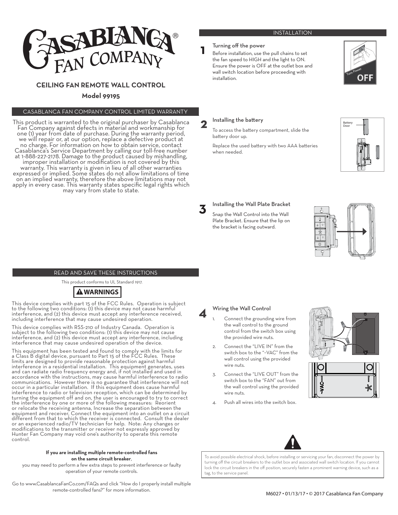 Casablanca 99195 Wall Control User 