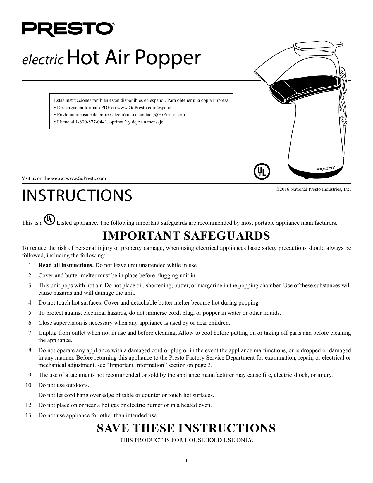 Presto 268534 Popcorn Popper User Manual Manualzz