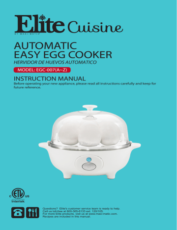 Elite Gourmet EGC-007 Easy Egg Cooker Instruction Manual