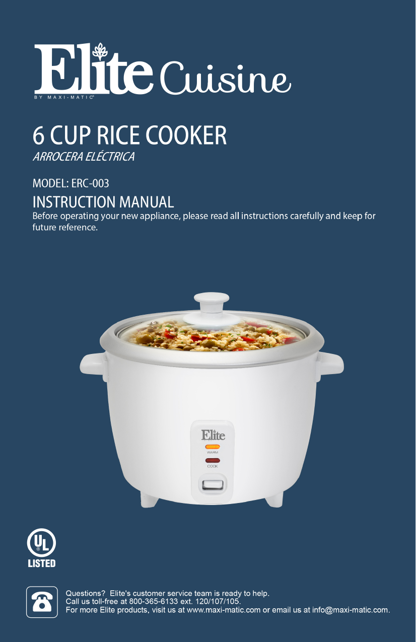 Elite Cuisine 6-Cup Rice Cooker with Glass Lid ERC-003