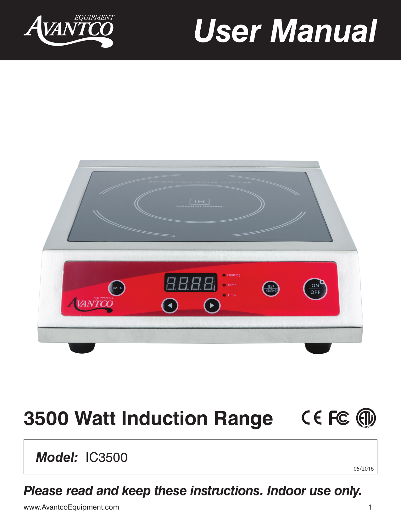 Avantco IC3500 Countertop Induction Range (3500W)