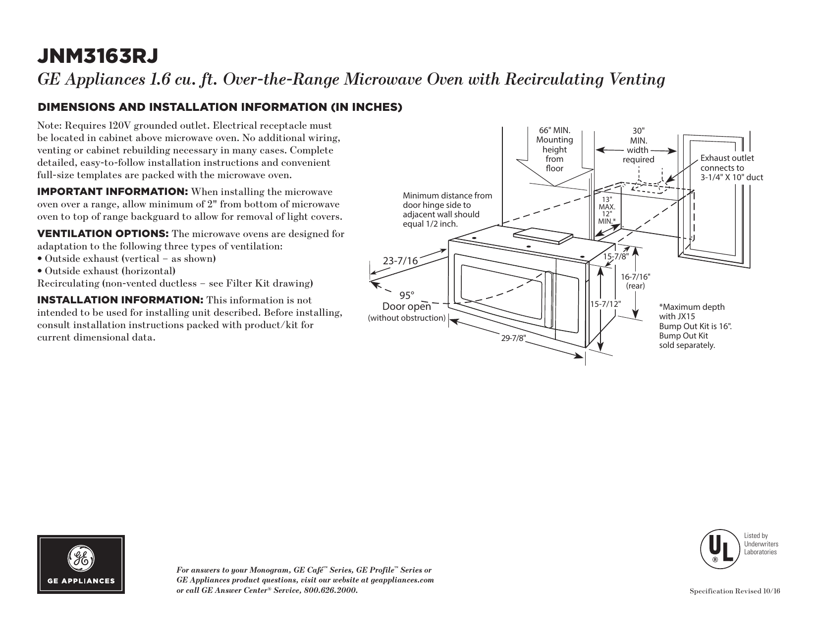 GE JNM3163RJSS Specification Manualzz