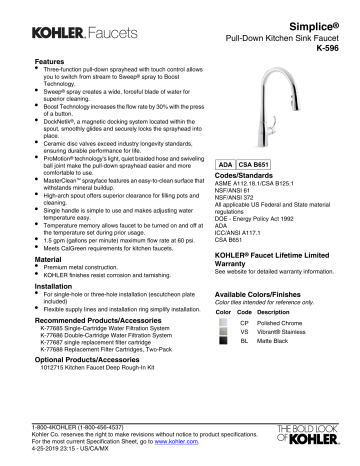 Kohler K-596-VS Specification | Manualzz