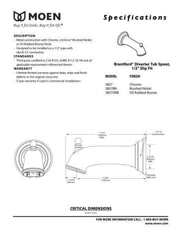 Moen 3857BN Bathtub Faucet Specification Sheet | Manualzz