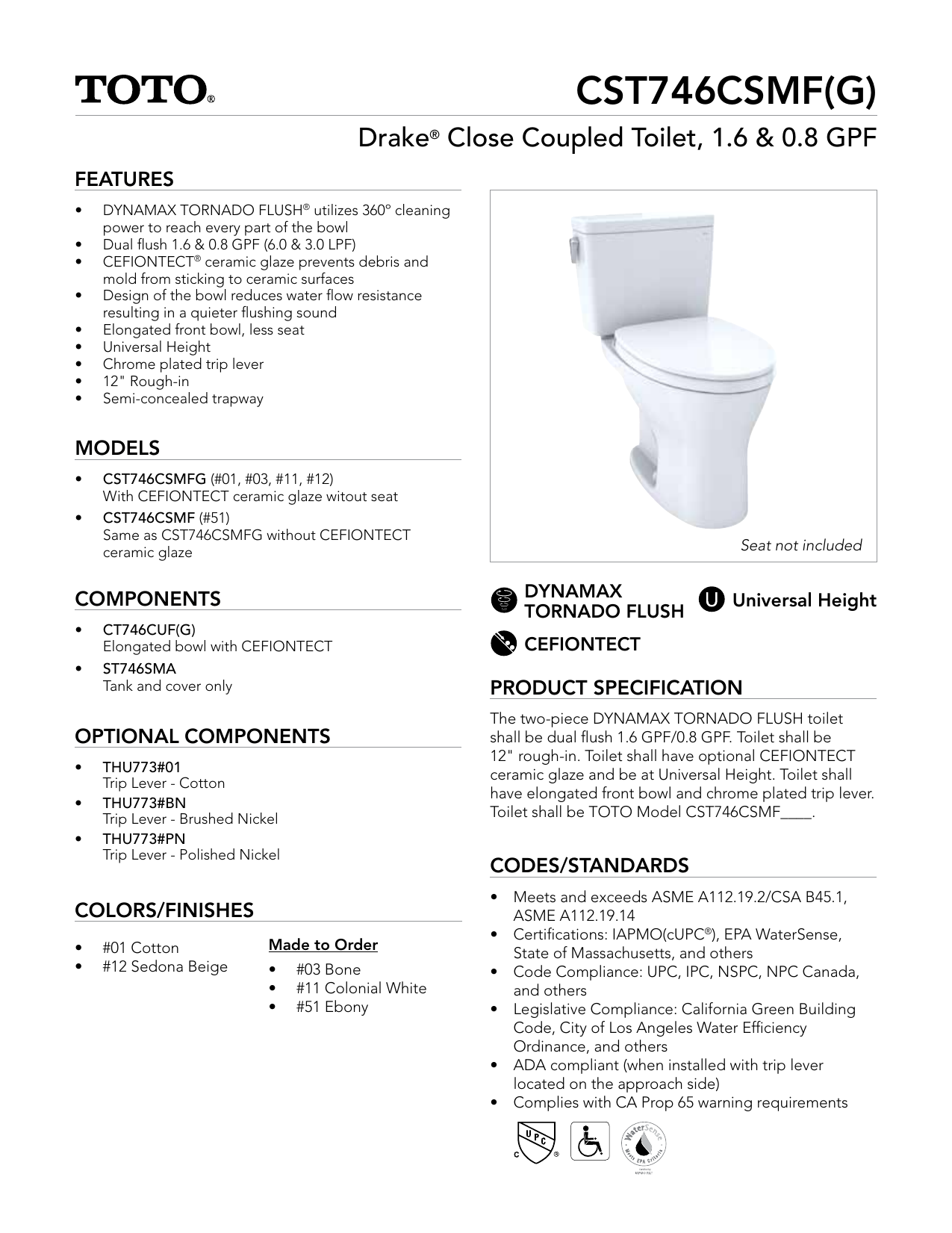 TOTO ST746SMA#01 Cotton Drake 0.8 / 1.6 GPF Dual Flush Toilet Tank Only -  Left Hand Lever 