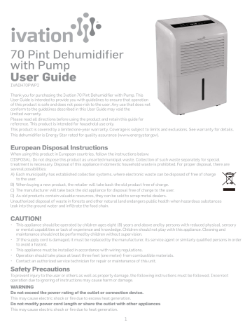 Ivation IVADH70PWP2 Dehumidifier User Guide | Manualzz