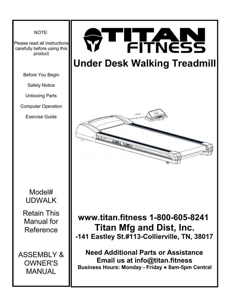 Titan Fitness Under Desk Walking Treadmill User manual Manualzz