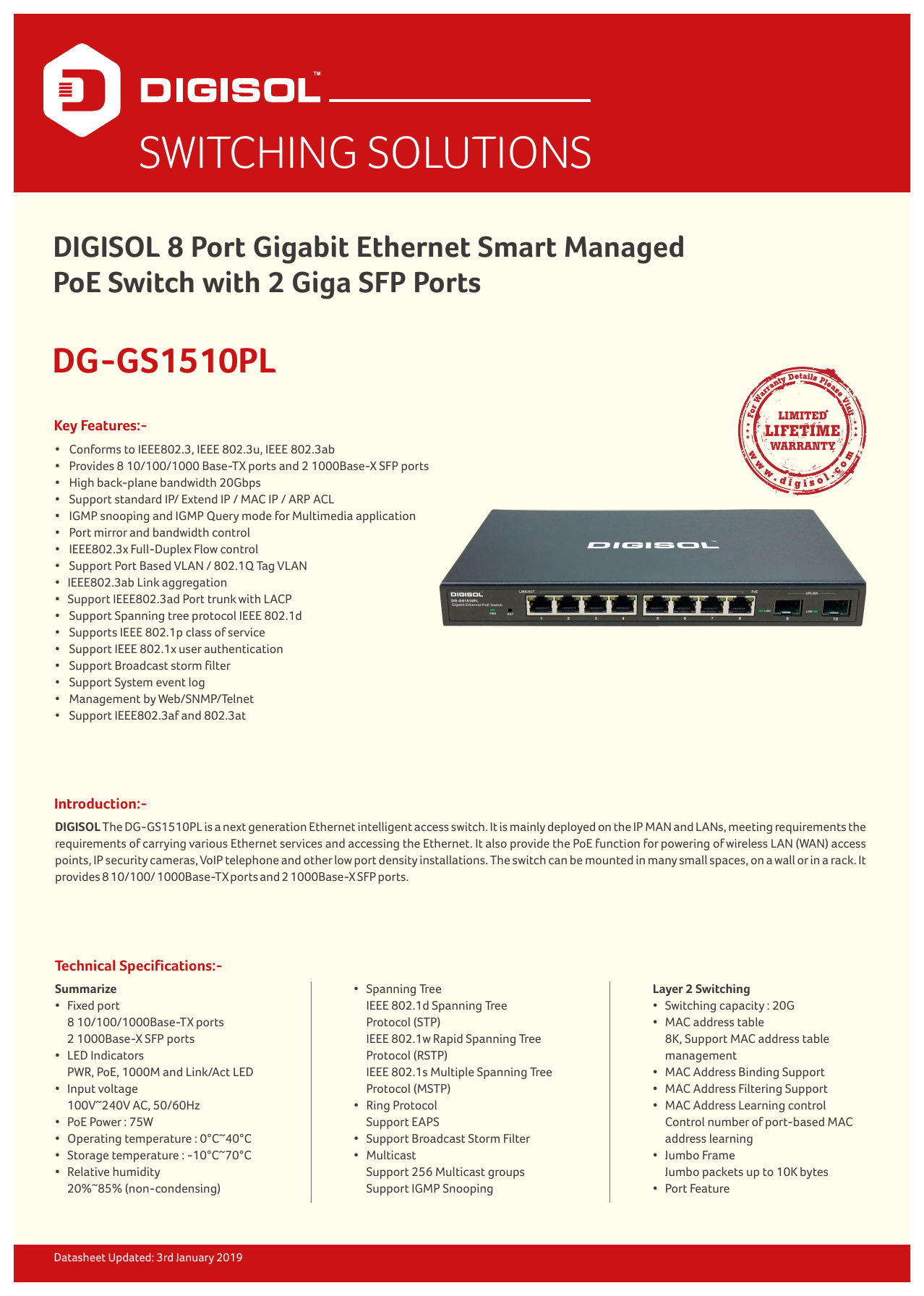 8 Port Gigabit Ethernet Smart Managed PoE Switch - DG-GS1510PL
