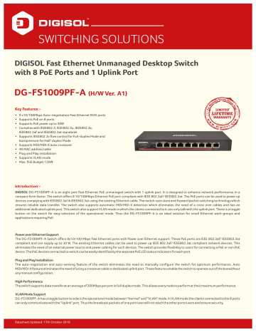 Digisol DG-FS1009PF-A (H/W Ver. A1) Fast Ethernet Unmanaged Desktop Switch Datasheet | Manualzz