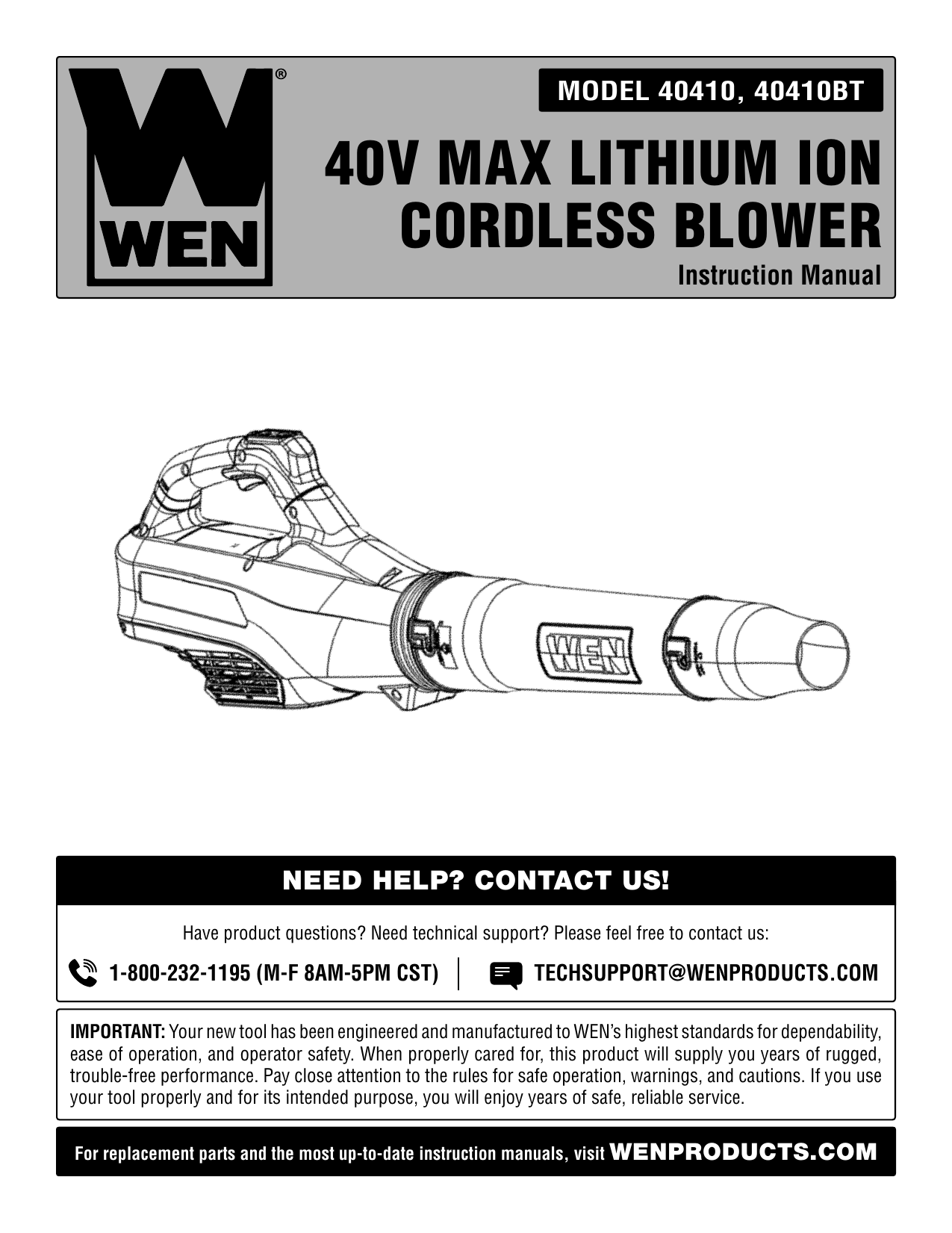 WEN 40410BT 40V Max Lithium-Ion 480 CFM Cordless Brushless Leaf Blower (Tool Only)
