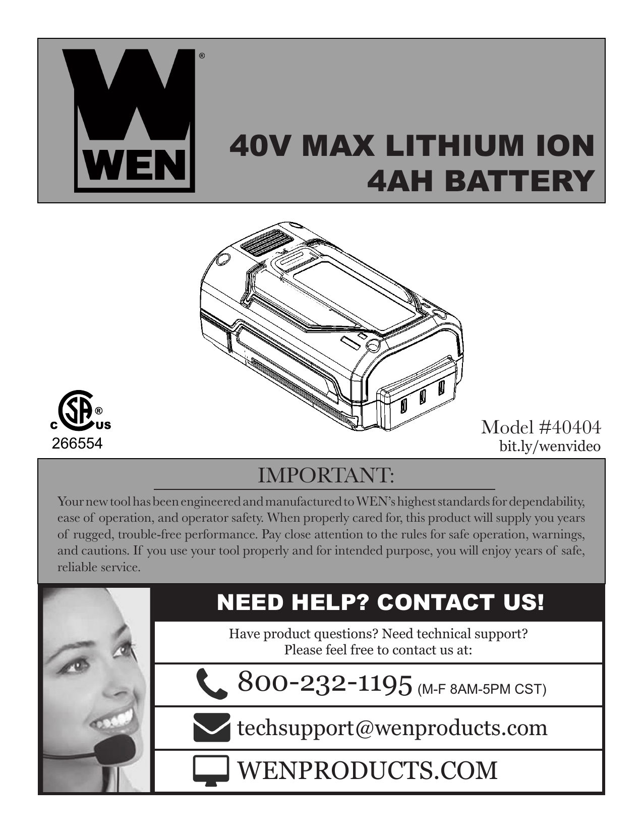 WEN 20204 20V Max Lithium-Ion 4.0 Ah Rechargeable Replacement Battery