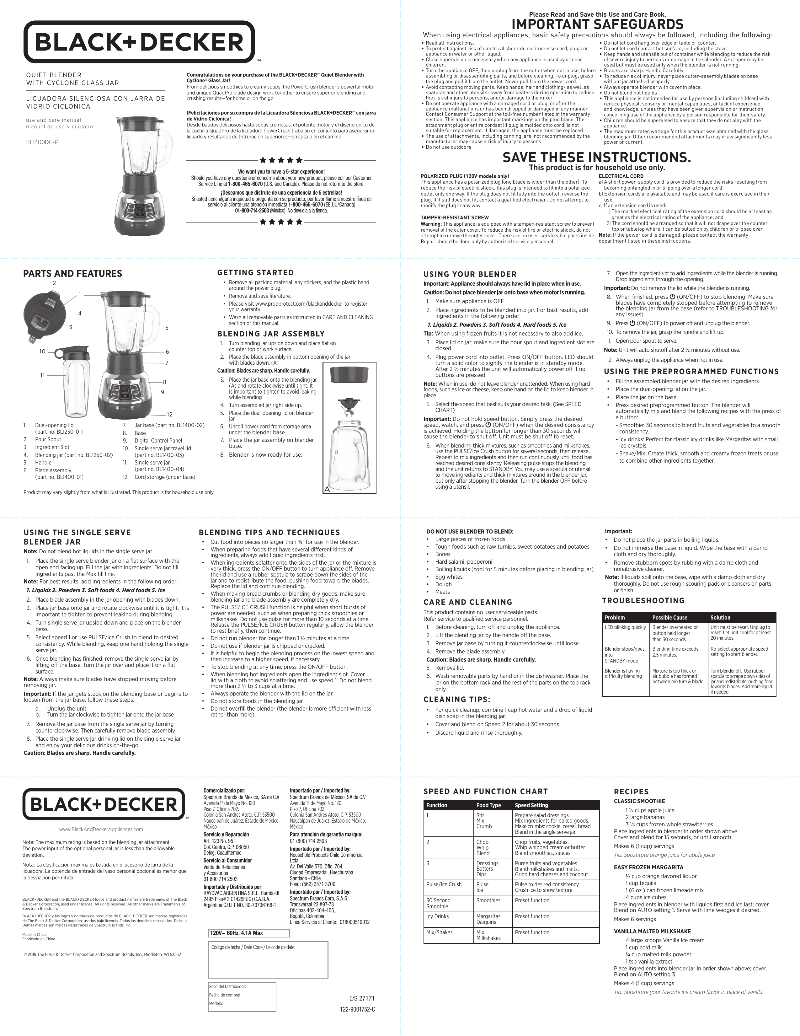 BLACK & DECKER BL1250MRG USE AND CARE MANUAL Pdf Download