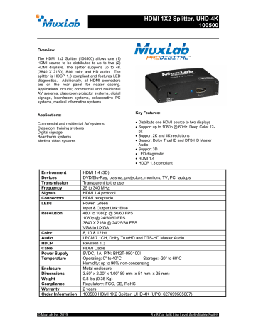 Muxlab Hdmi 1x2 Splitter Uhd 4k Datasheet Manualzz