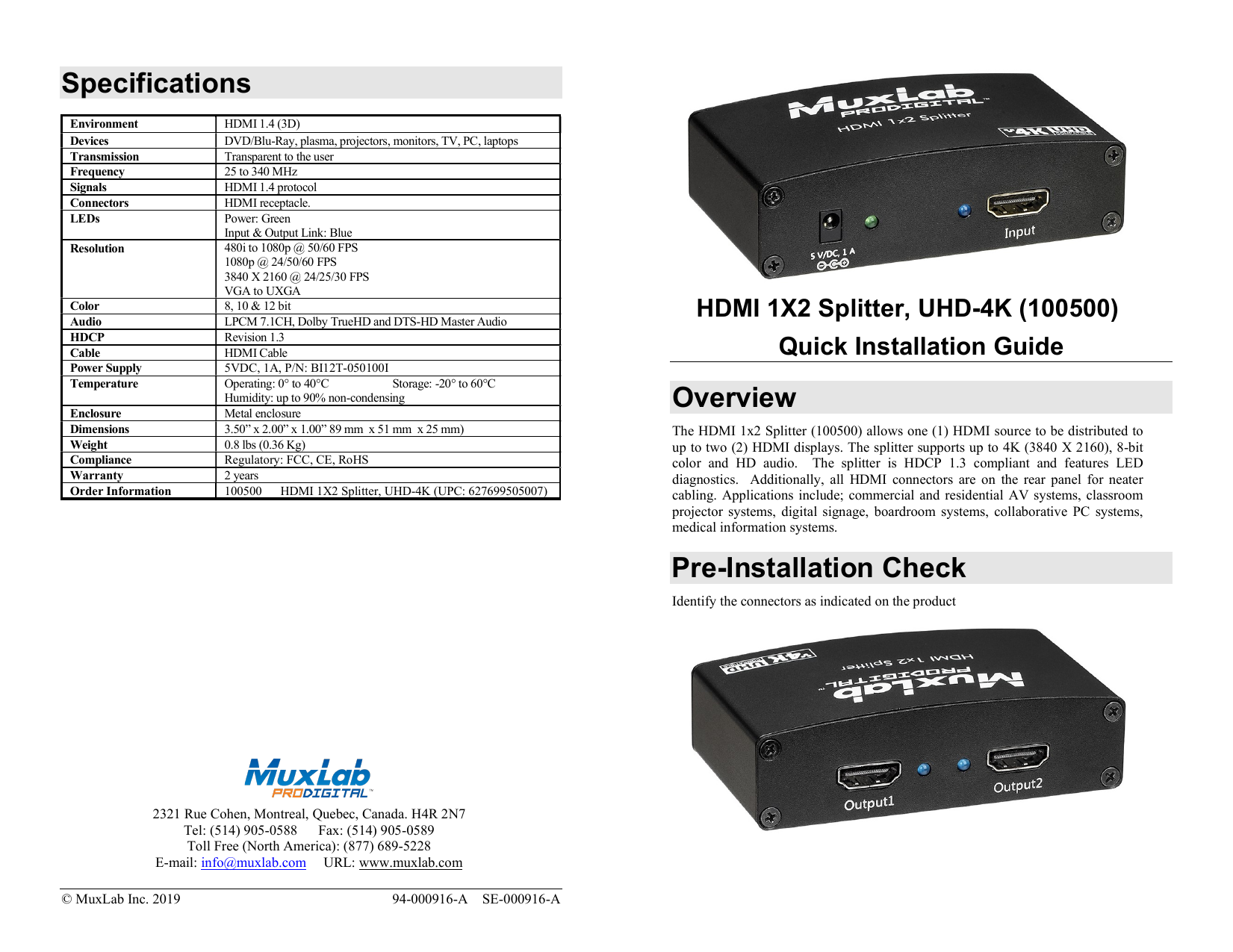 Muxlab Hdmi 1x2 Splitter Uhd 4k Installation Guide Manualzz