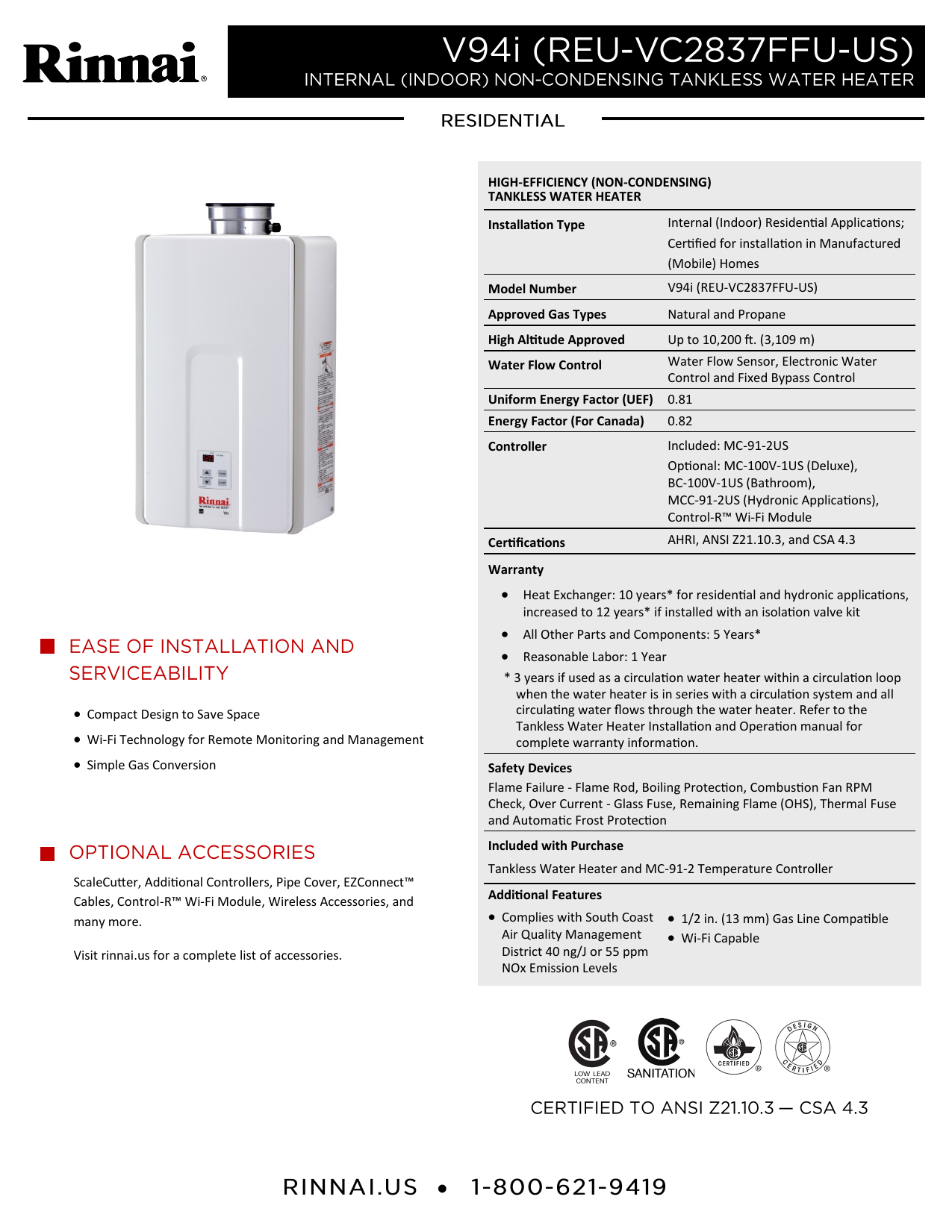 Rinnai REU-VC2837FFU-US-P Specification Sheet | Manualzz