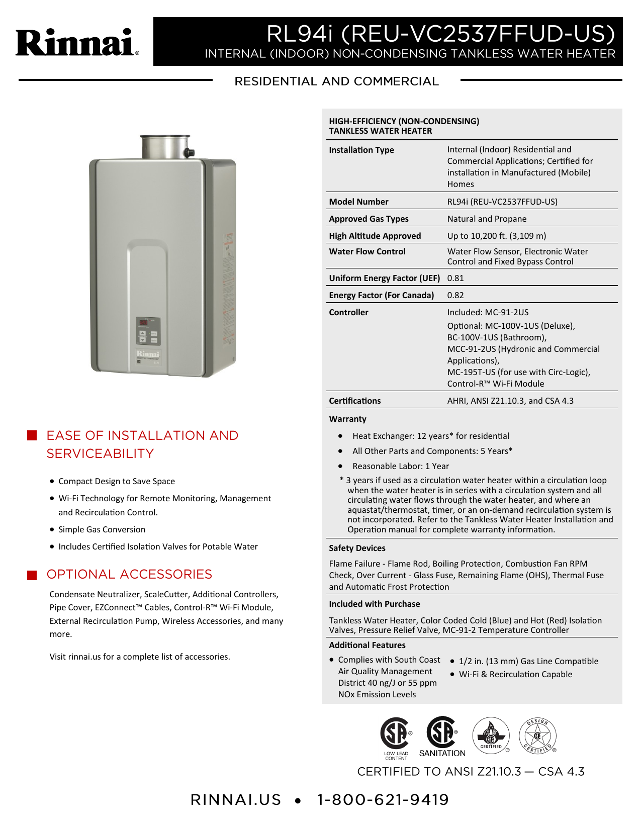 Rinnai REU-VC2837WD-US-P Specification Sheet | Manualzz