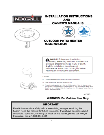 Nexgrill 920 0049 Costco Owner Manual, Costco Patio Heater Instructions