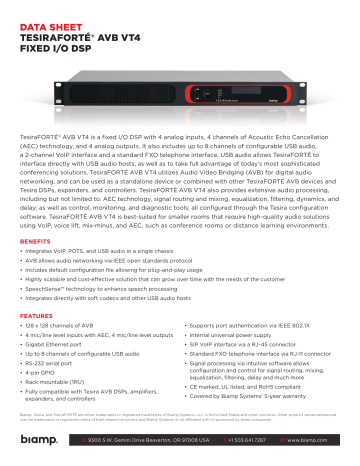 Biamp TesiraFORTE AVB VT4 Data Sheet | Manualzz