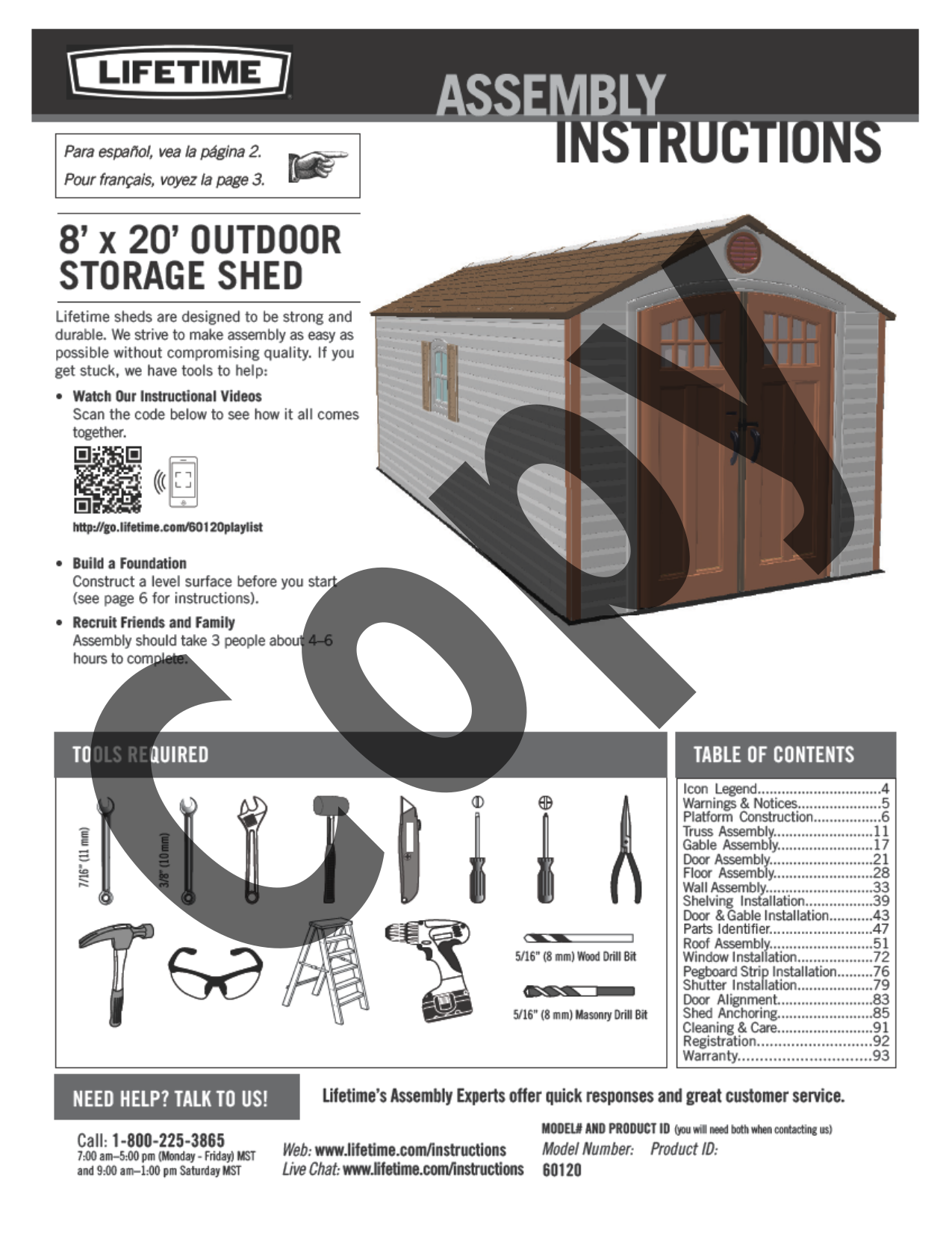 Lifetime 60120 8 Ft. x 20 Ft. Outdoor Storage Shed Owner's Manual