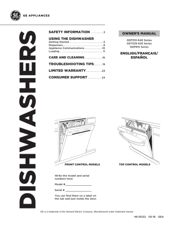 GE GDF530PGMWW 54-Decibel and Hard Food Disposer Built-In Dishwasher ENERGY STAR Owner's Manual | Manualzz