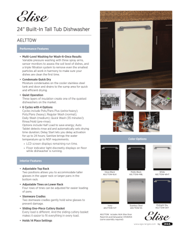 AGA AELTTDW-WHT Elise 48-Decibel Filtration Built-In Dishwasher Dimensions Guide | Manualzz