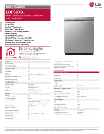 LG LDF5678ST QuadWash Smart Wi-Fi Enabled 46-Decibel Filtration Built-In Dishwasher ENERGY STAR Dimensions Guide | Manualzz