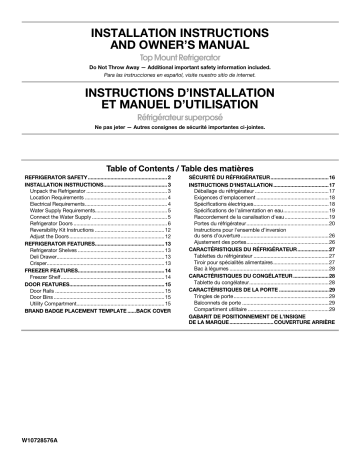Installation Instructions Whirlpool Wrt318fzdb Installation Instructions