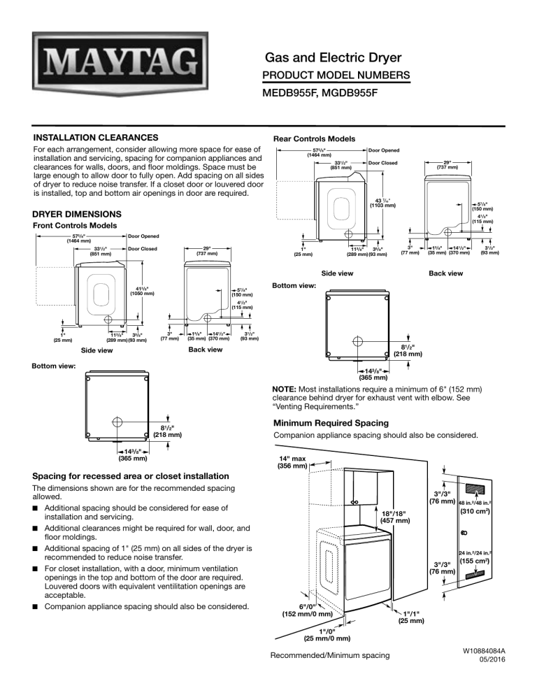 Maytag MEDB955FC, MGDB955FW, MGDB955FC, MEDB955FW Specification Manualzz