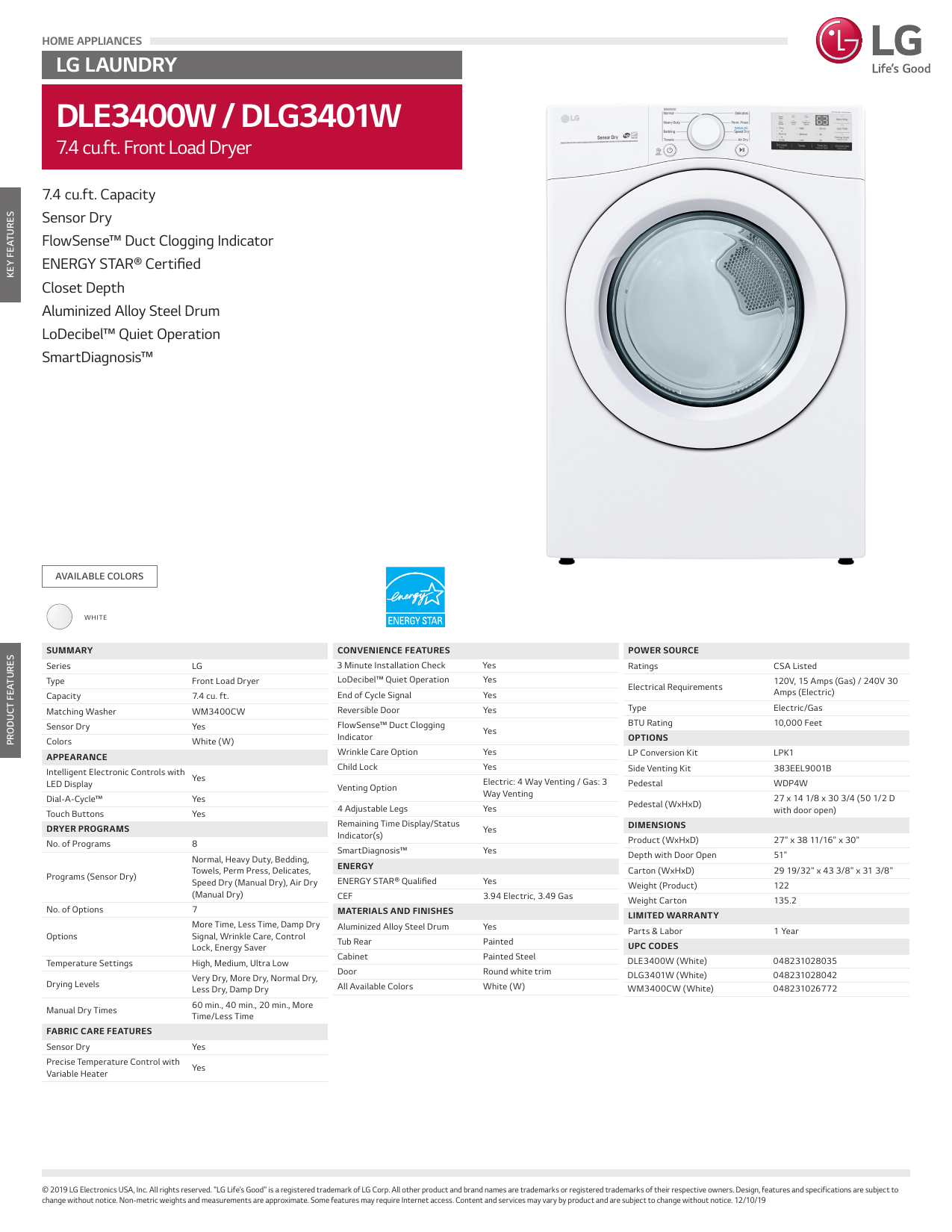 LG Electronics DLG3401W, DLE3400W Specification Manualzz