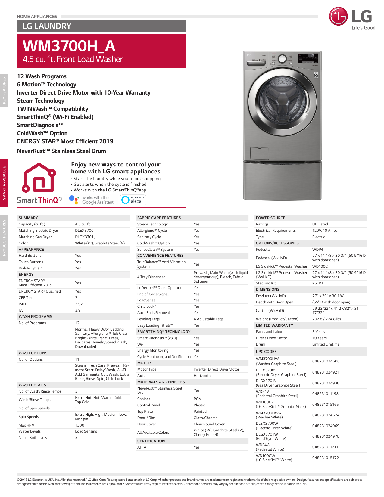 LG Electronics WM3700HVA, WM3700HWA Specification Manualzz
