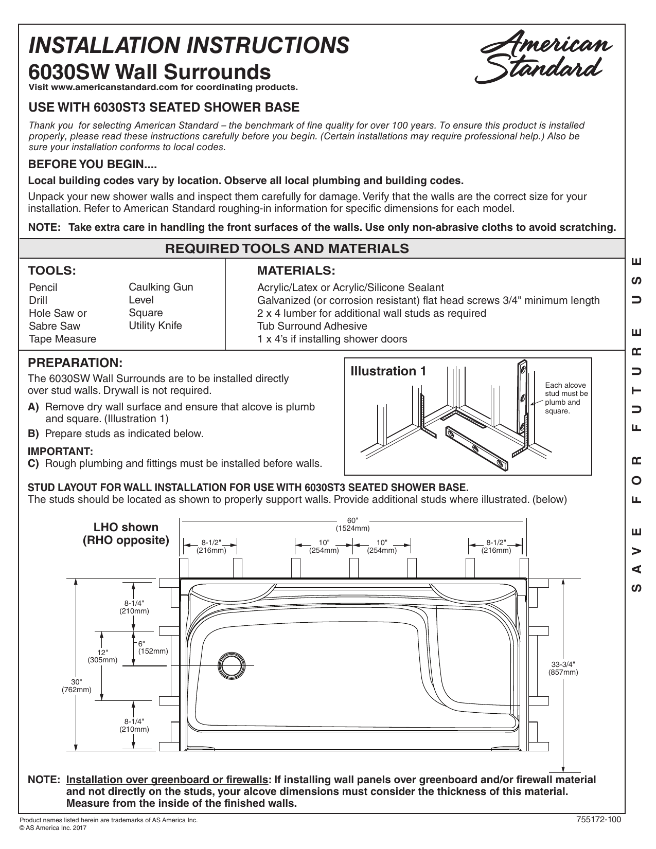 American Standard 6030SW.011 60 Shower Wall Surround Side And Back Wall