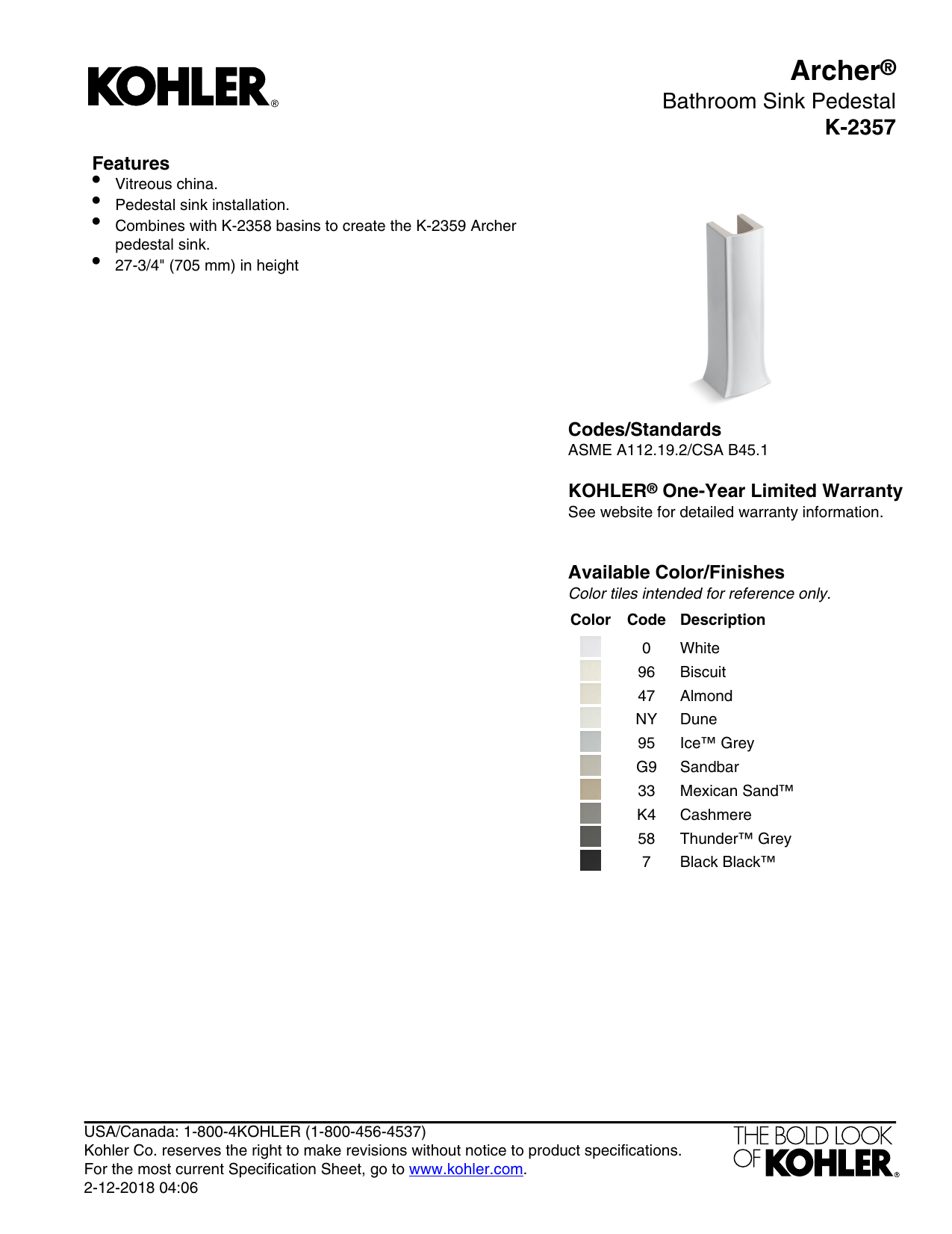 Kohler Archer Pedestal Sink