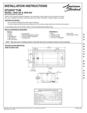 American Standard 2946202 011 Studio 32, Grayley Alcove 60 Bathtub Installation Instructions