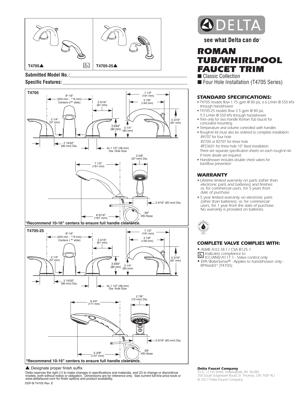 Delta T4705 Ss Classic Stainless 2 Handle Residential Deck Mount Roman Bathtub Faucet Dimensions Guide Manualzz